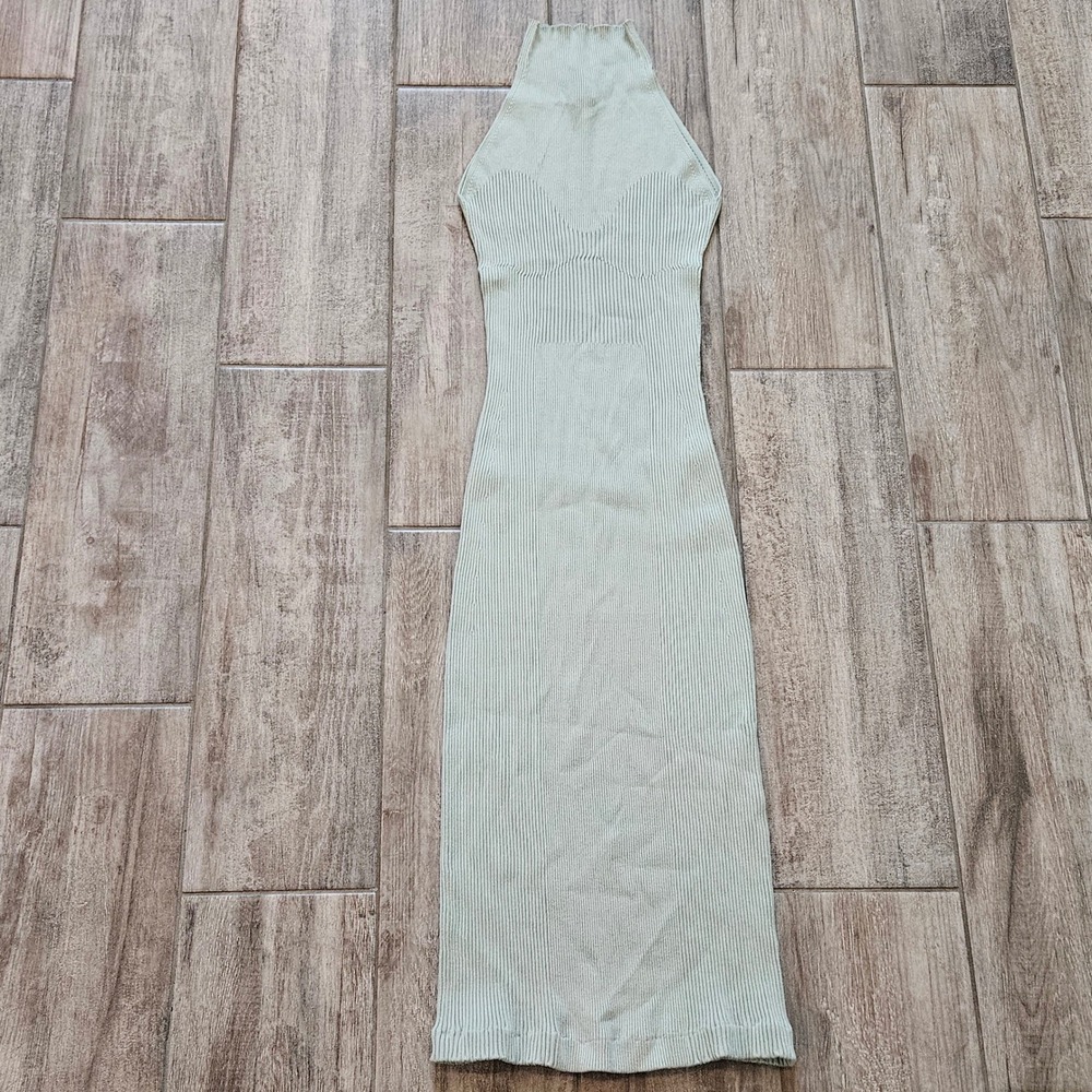 Aeron Ribbed Knit Midi Dress Size 0 Sage Green High Neck Bodycon Sleeveless Chic
